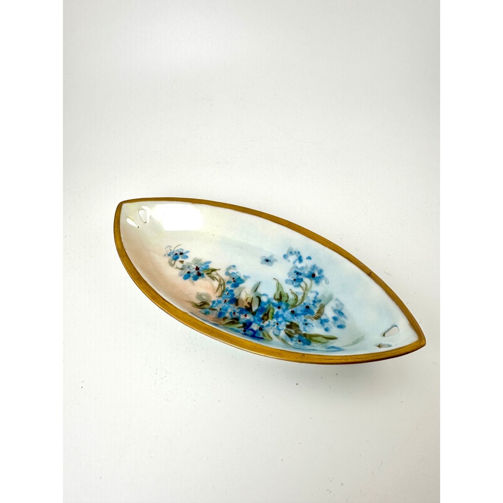 Antique 1900s Bavarian Germany Porcelain Boat Trinket Dish Gilded Hand Painted